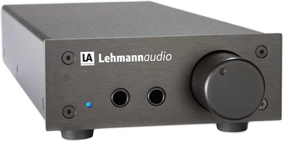 Lehmann Audio Linear II black headphone amplifier, front view, brushed metal enclosure, volume knob, headphone jack, blue LED