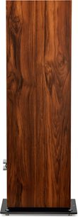 Altavoz de columna Triangle Antal serie EZ acabado teca, vista lateral, caja rectangular esbelta en chapa de madera marrón veteada con doble bornera plateada visible y base metálica negra