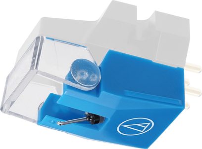 Diamant til pladespiller pickup VMN10CB, blå krop, gennemsigtigt dæksel, forgyldte stik, sort struktur, set fra vinkel