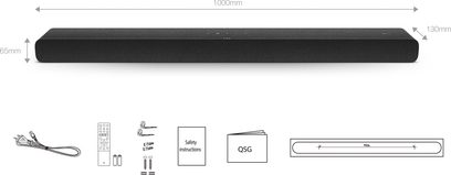 TCL TS8132 sort soundbar, set forfra og ovenfra, med dimensioner, tilbehør og piktogrammer for funktioner