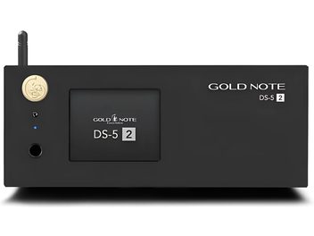Reproductor de audio en red Gold Note DS-5.2 negro, vista frontal, pantalla central, botón dorado y antena a la izquierda