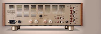Leben CS 600X rør-hi-fi-forstærker, træfacade, forgyldte knapper og stik, set forfra