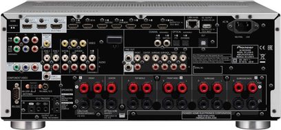 Pioneer SC-LX58-K sort hjemmebiografsforstærker, frontpanel, frontvisning, mange stik og knapper, digitalt display