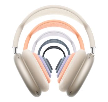 Apple AirPods Max headphones in several pastel colors, mesh headband and oval ear cups, front view
