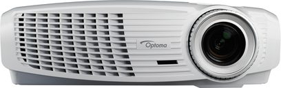 Optoma HD30 hvid projektor, set forfra, ventilationsgitter til venstre, objektiv til højre