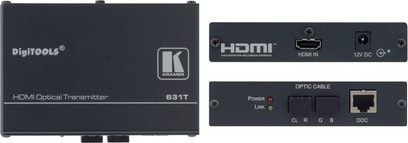Optický HDMI extender Kramer 631T/631R, čierne a sivé predné panely, HDMI a optické porty, indikátory