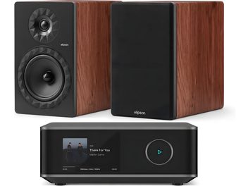 Elipson hi-fi lánc két fekete, fa hatású polcsugárzóval, elölnézetben, fekete hálózati erősítővel