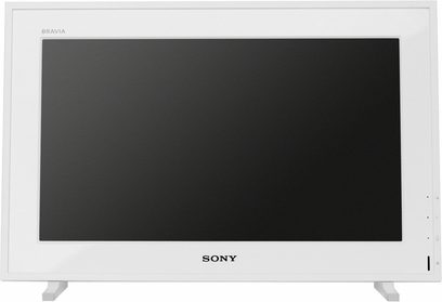 Sony KDL-22E5310 fladskærms-TV set forfra med skærmen slukket, rektangulær mat sort skærm, hvid ramme, Sony-logo nederst i midten