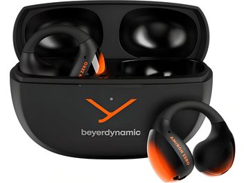 Auricolari true wireless Beyerdynamic Amiron Zero sport arancione, scocca in plastica nero opaco, custodia di ricarica aperta, vista frontale
