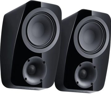 Par Dolby Atmos-højttalere Canton Vento AR 1 i sort lak, set forfra i trekvart vinkel med synlige højttalerenheder