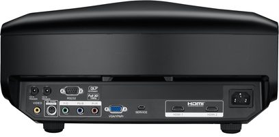 Optoma HD83 sort videoprojektor, set forfra, tilslutninger på bagsiden, knapper og indikatorer på toppen