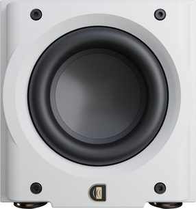 Reproduktor Perlisten R8s v bílém saténovém provedení, pohled zepředu, černý reproduktor s gumovým závěsem, čtyři upevňovací body