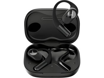 Auricolari Beyerdynamic Amiron 200 in plastica nera opaca con ganci auricolari, in una custodia di ricarica aperta, vista dall’alto