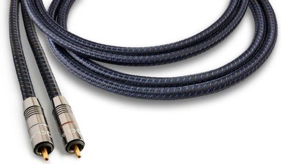 Analogowy kabel audio RCA Clarus Aqua RCA z czarno-niebieskim oplotem, metalowymi srebrnymi złączami i pozłacanymi końcówkami