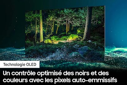 Hustý les v noci osvětlený zeleným a modrým světlem vycházejícím z samoemisních pixelů OLED televizoru