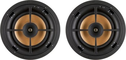 Set mit 2 schwarzen Klipsch PRO-180-RPC Decken-Einbaulautsprechern mit Kupfermembran, Vorderansicht