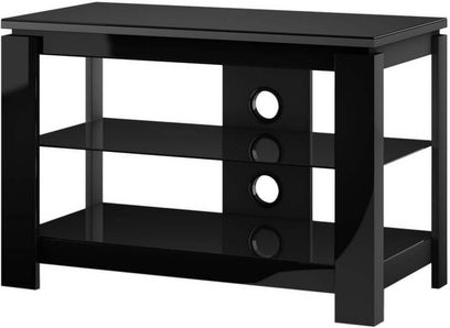Sonorous HG830 sort lakeret TV-møbel set forfra, 2 åbne hylder, 4 huller til kabler