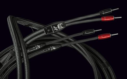 Black RCA audio cables with braided fabric jacket, red and black plugs with metal tips, screen-printed inline housings