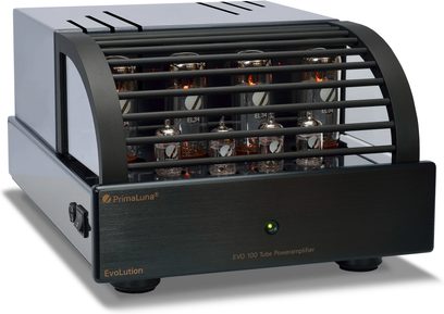 PrimaLuna EVO 100 sort forstærker, frontpanel, 8 oplyste vakuumrør, ventilationsgitter, drejeknap
