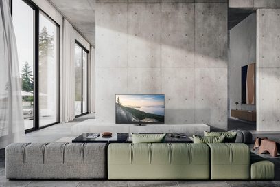 Panasonic TV-55Z90B high-definition television in black with a slim metal frame and plastic casing, flat screen mounted on a central rectangular stand, front view