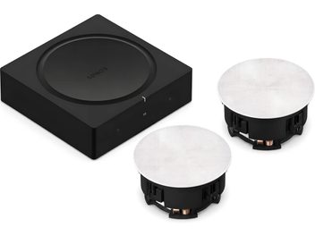 Čierny zosilňovač Sonos s dvoma bielymi okrúhlymi vstavanými reproduktormi, perspektívny pohľad