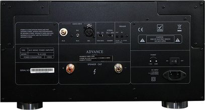 Hi-fi effektforstærker Advance Paris X-A1200, bagside, top-view, stik og kontroller