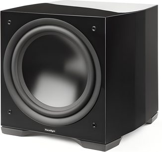 Paradigm Defiance S12 black lacquered subwoofer, 3/4 front view, rubber suspension speaker, gray feet