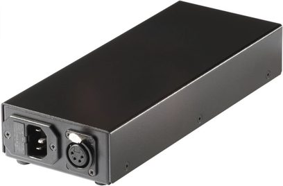 Sort Lehmann Audio PWX lineær strømforsyning, rektangulært metalkabinetdesign med XLR- og IEC-stik på bagsiden