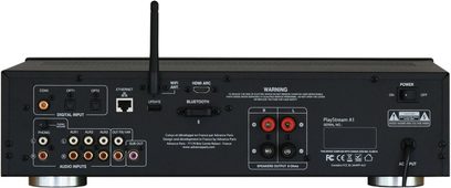 Hi-fi stereo zesilovač Advance Paris PlayStream A1 černý, pohled zepředu, detailní záběr na konektory a ovládací prvky