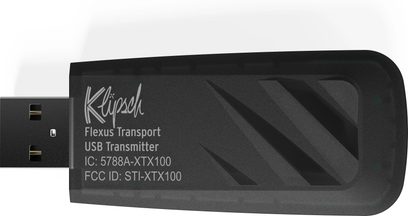 Klipschin Flexus Transport USB-lähetin, musta, etunäkymä, tekniset tiedot painettuina