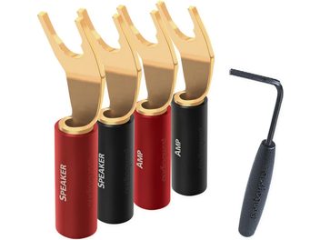 Connettori a banana e forcella Audioquest SureGrip 100 oro, 4 coppie, vista frontale, su sfondo bianco