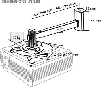Hvid Norstone Proje-W loftmontering til videoprojektor, eksploderet visning med mål, maksimal belastning 10 kg, 360° rotation