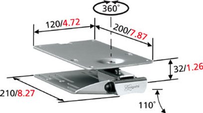 Vogel's EFK 1325 grå vægbeslag til TV, set ovenfra med mål i mm, 360° rotation, -10°/+20° hældning
