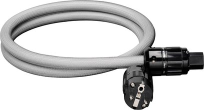 GigaWatt PowerSync PLUS Netzkabel grau geflochten aufgerollt mit schwarzen Steckern, Ansicht von oben