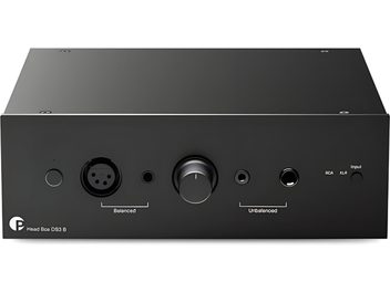 Pro-Ject Head Box DS3 B črna, hi-fi slušalični predojačevalnik, pogled od spredaj z osrednjim gumbom in jack priključki na sprednji plošči