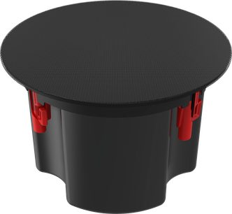 Indbygningshøjttaler til loft PIC-450-T BW, perspektivvisning, sort cirkulært gitter, sort cylindrisk kabinet, røde fastgørelseselementer