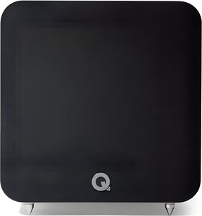 Q Acoustics Q SUB80 matte black subwoofer, cube-shaped enclosure with rounded corners, solid front grille, centered Q logo at the bottom, and metallic conical feet, front view