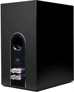 Knihovní reproduktor PSB Synchrony B600 v černém laku, pohled zezadu, s výdechem a průhlednými dvojitými svorkami