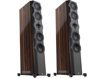 Diffusori a colonna S7t Custom ebony, vista frontale e leggermente angolata, 6 altoparlanti circolari neri, basi metalliche a 4 piedini