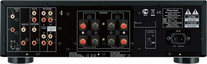 Pioneer A-50-K schwarzer Stereo-Hi-Fi-Verstärker, Frontansicht, Anschlüsse und Bedienelemente, 8 RCA-Eingänge, 2 Lautsprecherausgänge