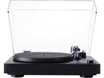 Sort Dual CS 618 Q hi-fi pladespiller i træ og metal, sort cirkulær pladetallerken, sort tonearm med blå pickup, opklappet gennemsigtigt støvlåg, drejeknap foran til højre, set forfra