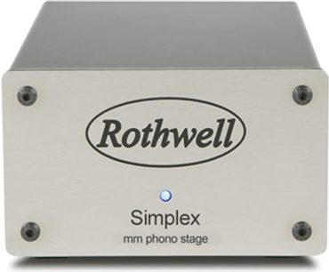 Rothwell Simplex mm phono-forforstærker, lys grå rektangulær metalkabinet, frontvisning, sort oval "Rothwell"-logo