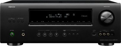 Denon AVR-1912 sort audio/video-forstærker, frontpanel med display, knapper og drejeknapper, hovedtelefonstik