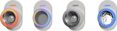 Fire lysegrå optiske moduler i mat plastkabinet fra XGIMI MoGo 4 Laser-projektoren, set forfra, hver med en central glaslinse eller et dæksel og en cirkulær ring i orange, pastel, grå eller blå med teksten "SMART PROJECTORS • XGIMI • ENRICH YOUR LIFE"