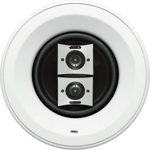 Boston Acoustics VSi580T2 indbygningshøjttaler, set forfra, to cirkulære sorte højttalere på hvid rund front, aftagelig beskyttelsesgitter