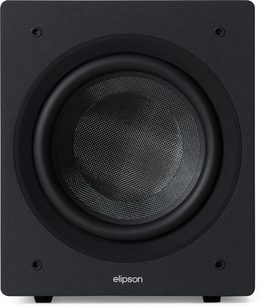 Siyah Elipson Classic Sub 10 subwoofer, önden görünüm, dokulu diyaframa sahip büyük dairesel hoparlörle