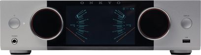Silver Onkyo Y-50 stereo hi-fi transistor amplifier, large blue VU-meter display, two large knobs, headphone and USB jacks