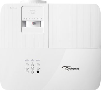 Optoma UHD30 hvid videoprojektor, set forfra, med zoom, fokus og kontrolknapper øverst