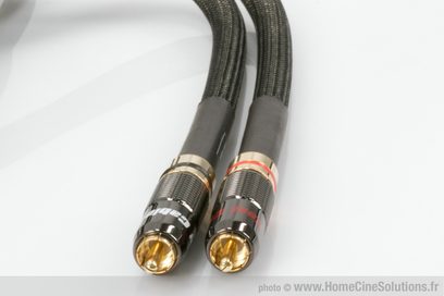 Analogový RCA audio kabel Real Cable CA1801 innovation 1 m, pozlacené konektory, šedý opletený plášť, detailní pohled