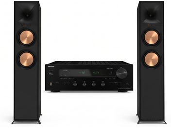 Amplificador de rede estéreo Onkyo TX-8470 com duas colunas Klipsch pretas com altifalantes em cobre